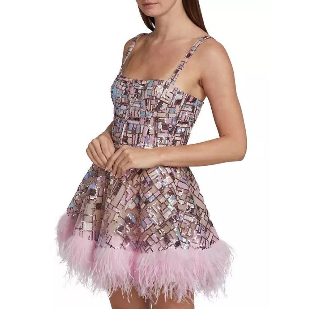 BRONX AND BANCO mademoielle feather mini dress in blush/multi Large (US8) - Picture 6 of 13